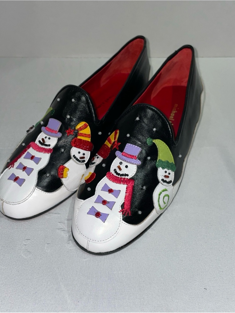 Michael Simon Black White Loafers with Colorful Snowman Appliqués